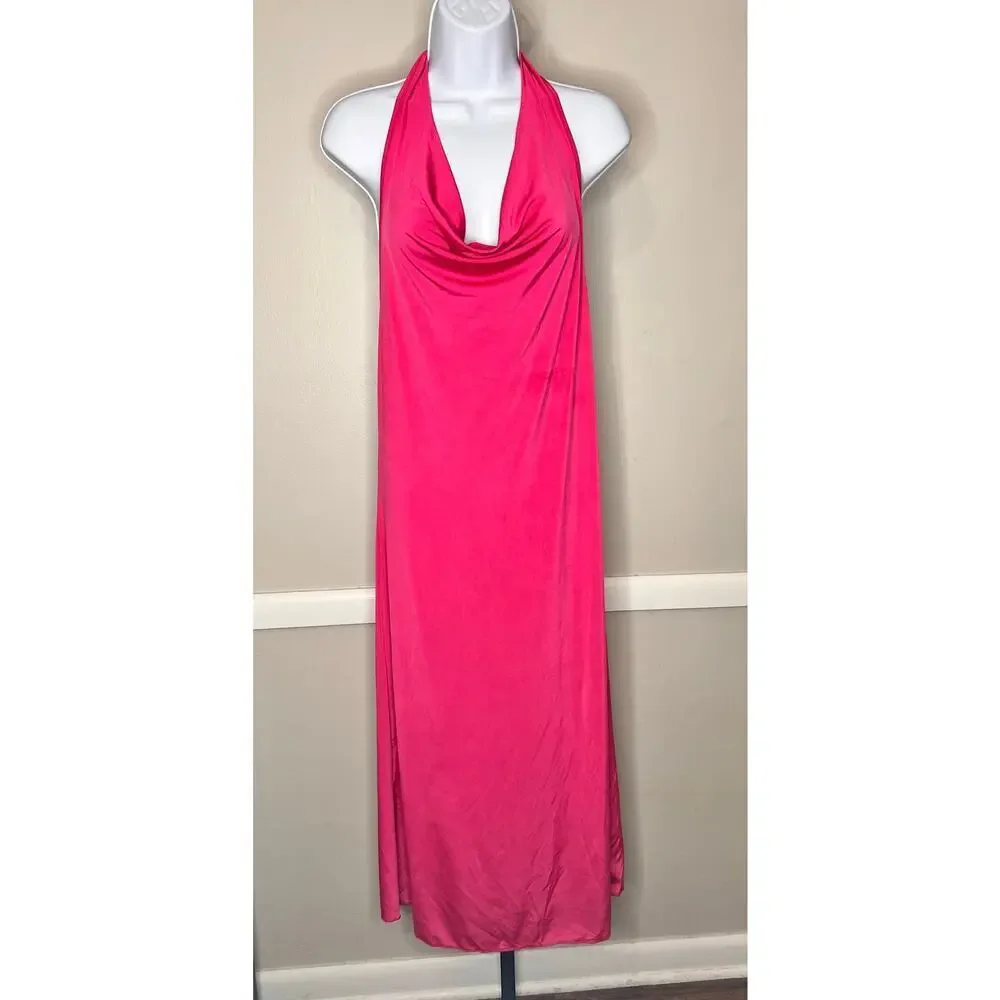 ☀️Sincerely Jules Hot Pink Halter Tie Neck Cowl Neck Slip Midi Dress Size L NWT - Picture 2 of 6